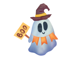 funny kind ghost in a witch's hat, in beads flags holding frightening sign BOO. clipart Watercolor childish illustration on transparent background for November Halloween cards, stickers, invitations png