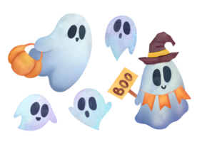 set of cute Ghost clipart on transparent background. Childish Watercolor hand drawn illustration for holiday cards, invitations to happy Halloween party. ghost with hat, pumpkin, frightening sign png