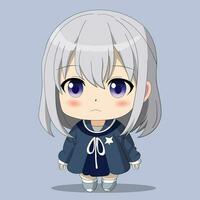 linda chibi anime personaje con blanco pelo y azul ojos vector