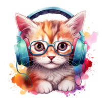 en söt katt bär blå hörlurar och solglasögon njuter musik, vattenfärg illustration ai genererad png
