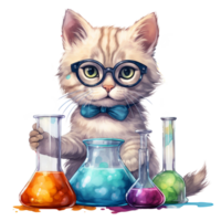 A cute cat scientist in laboratory with flask, watercolor illustration AI Generated png