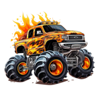 a yellow monster truck moving with fire effect in the backdrop, side view, watercolor clipart. AI Generated png