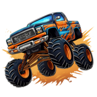 illustration of a monster truck jumping watercolor, yellow backdrop color splash, AI Generated png