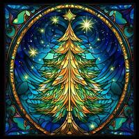 Stained glass round frame Christmas tree, blue, light, sparkle, star, night, AI GENERATED photo