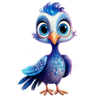 Baby Guinea fowl cartoon blue bird  with big eyes looking curious, watercolor clipart AI Generated png