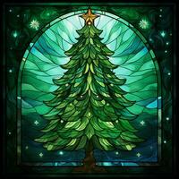Stained glass window arc shape Christmas tree, green vibes, bright  AI GENERATED photo
