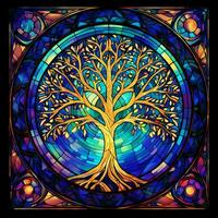 stained glass tree with round frame intricate  blue and purple glass patterned frame AI GENERATED photo