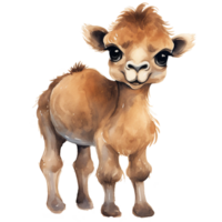 carino bambino cammello cartone animato con grande occhi, acquerello azienda agricola animale clipart ai generato png