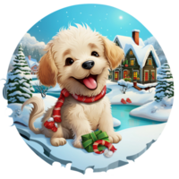 3d Christmas winter round sign sublimation,  puppy in a Christmas house, snowy winter scene, pine tree covered with snow AI Generated png