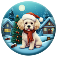 3d christmas winter round sign sublimation, dog with santa claus hat, puppy with christmas gift, moon, house, christmas tree AI Generated png