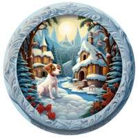 3d jul vinter- runda tecken sublimering, hund jul dekoration med snö täckt runda ram ai genererad png