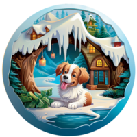 3d christmas winter round sign sublimation, dog in the house AI Generated png