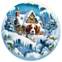 3d Weihnachten Winter runden Zeichen Sublimation, Hund im das Schnee, Schnee bedeckt Haus, Stechpalme Blatt ai generiert png