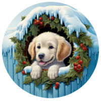3d christmas winter round sign sublimation, dog looking from holy leaf wreath with snow layered scene AI Generated png