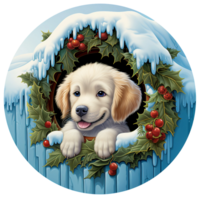 3d christmas winter round sign sublimation, dog looking from holy leaf wreath with snow layered scene AI Generated png