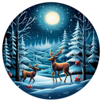 3d Navidad invierno redondo sublimación firmar, ciervo en el noche bosque, brillante luna, invierno noche escena, copo de nieve ai generado png