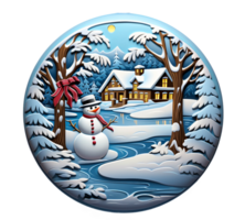 a 3d snowman with paper cut out frame, winter scene, Christmas round sign sublimation AI Generated png