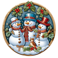 ein Gruppe von 3 Schneemann mit heiter Pose und heilig Blatt Dekoration, 3d Weihnachten runden Zeichen Sublimation ai generiert png