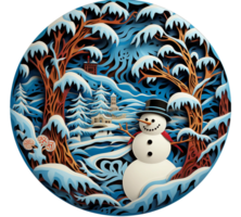 a 3d snowman with snow covered tree, river, mountain, winter scene, Christmas round sign sublimation AI Generated png