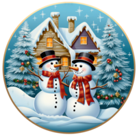 Two snowman in cheerful mood with snow covered chrsitmas tree and house, sparkle, Christmas round sign sublimation AI Generated png