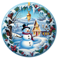 a 3D snowman with holy leaf wreath covered with snow, winter scene, Christmas round sign sublimation AI Generated png