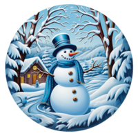 een 3d sneeuwman met blauw hoed omringd door sneeuw gedekt boom, winter tafereel, Kerstmis ronde teken sublimatie ai gegenereerd png