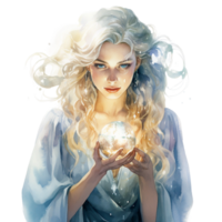 Magical celestial goddess holding a glowing light ball in her hands watercolor clipart AI Generated png