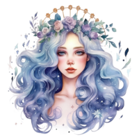 Celestial goddess with floral crown watercolor clipart, deity, princess magical world.  AI Generated png