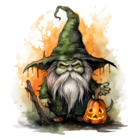 halloween grön gnome trollkarl med pumpa och häxa hatt ai genererad png