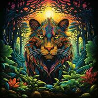 Colorful lion inside forest of green and dreamy scene illustration, psychedelic lion clipart AI Generated photo