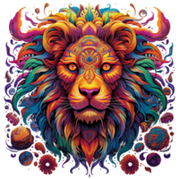 Colorful lion head illustration, psychedelic lion clipart, red, orange, green, yellow, bright, vibrant, mandala gradient AI Generated png