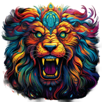 kleurrijk leeuw hoofd, blauw gloeiend oog, wild en eng uitdrukking in gezicht illustratie, psychedelisch leeuw clip art ai gegenereerd png