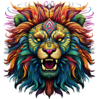 Colorful majestic wild angry lion head illustration, psychedelic lion clipart AI Generated png