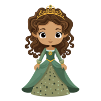 Little cartoon Princess watercolor clipart with brown hair, golden crown and green dress, full body  AI Generated png