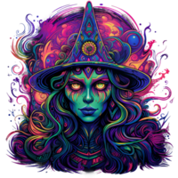 enchanteur psychédélique violet bleu Halloween sorcière, embrasé yeux, vibrant tribal couleurs ai généré png