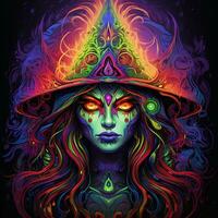 Mesmerizing Glowing Eye, Psychedelic Halloween Witch in Colorful Tribal Art AI Generated photo