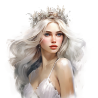 Princess watercolor clipart with white hair, queen crown and front view AI Generated png