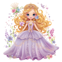 wenig Prinzessin Aquarell Clip Art mit golden Haar, voll Körper Illustration mit lange dekorativ Kleid, Blumen- Elemente. ai generiert png