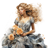 Full body shot illustration of a Princess watercolor clipart with blonde hair, gray color dress and holding pink rose AI Generated png