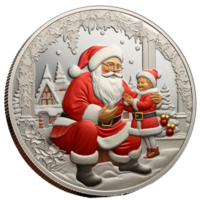 Weihnachten Santa claus im alt Münze Illustration Stil, Santa spielen mit ein Kind im rot Kleid, Weihnachten Ornament, graviert Metall Kunst ai generiert png