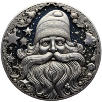 Christmas Santa claus in old coin illustration style, slouchy hat full gray color, star, intricate pattern, engraved metal art AI Generated png