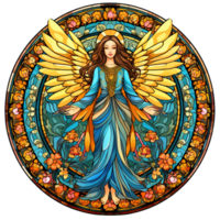 stained glass window angel with yellow wings and blue ornamental design round frame. AI Generated png