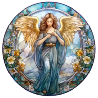 stained glass window with angel with her wings surrounded by floral wreath round AI Generated png