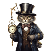 victoriano gato vistiendo temprano 1900 disfraz con detective sombrero y Clásico reloj ai generado png