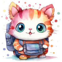 mignonne chat avec gros yeux porter une sac à dos, aquarelle clipart, retour à école thème ai généré png