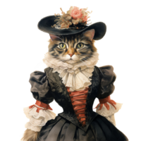 Victorian cat wearing early 1900's costume of a lady, watercolor clipart AI generated png