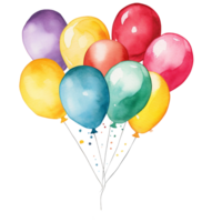 vibrant and bright Watercolor birthday balloon, yellow, red, green and purple colors for celebration AI Generated png