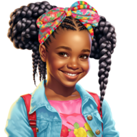 Cute little black African-American girl hair braid in black hair, tribal pattern bow, blue and pink dress and a smiley face watercolor clipart AI Generative png