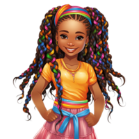 süß wenig schwarz Afroamerikaner Mädchen Haar flechten im schwarz Haar, geschmückt mit bunt Spitze und Kopf Band, tragen Gelb Kleid mit ein Smiley Gesicht Aquarell Clip Art ai generativ png