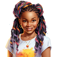 Cute little black African-American girl hair braid in black hair with tribal design style wearing white dress with a warm smile watercolor clipart AI Generative png